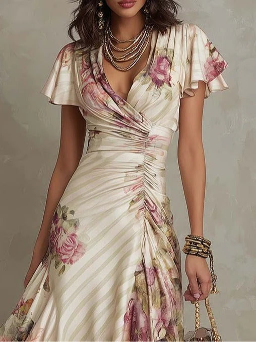 JULIETA | Vestido Midi de Satén Con Estampado Floral, Elegante y de Estilo Retro