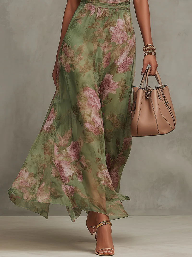 ALMA - Vestido Largo Verde Con Estampado Floral de Gasa y Cuello Halter