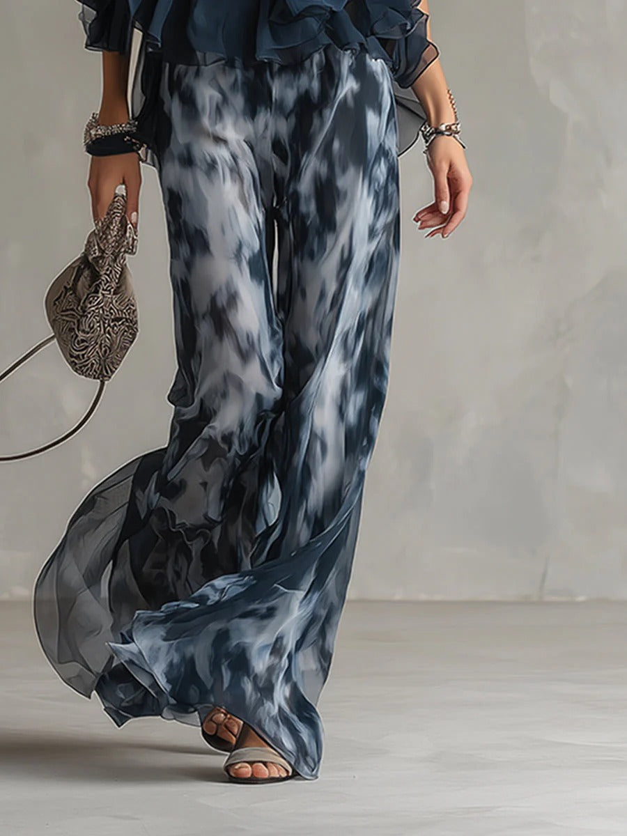 BETI | Un Elegante Conjunto De Gasa Con Top De Cuello Alto y Pantalones Anchos Estampados