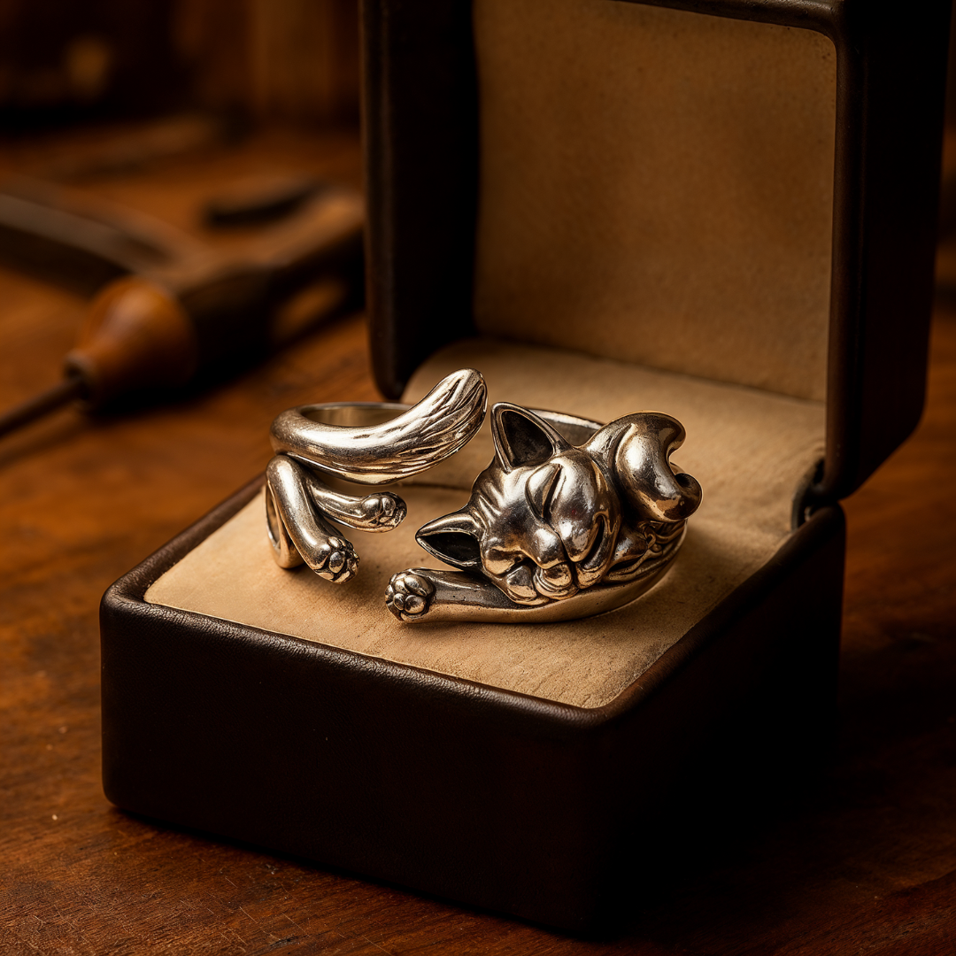 Bague en argent vintage avec des chats