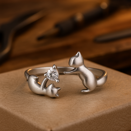 Bague en argent sterling ajustable avec un chat espiègle et des zirconias.