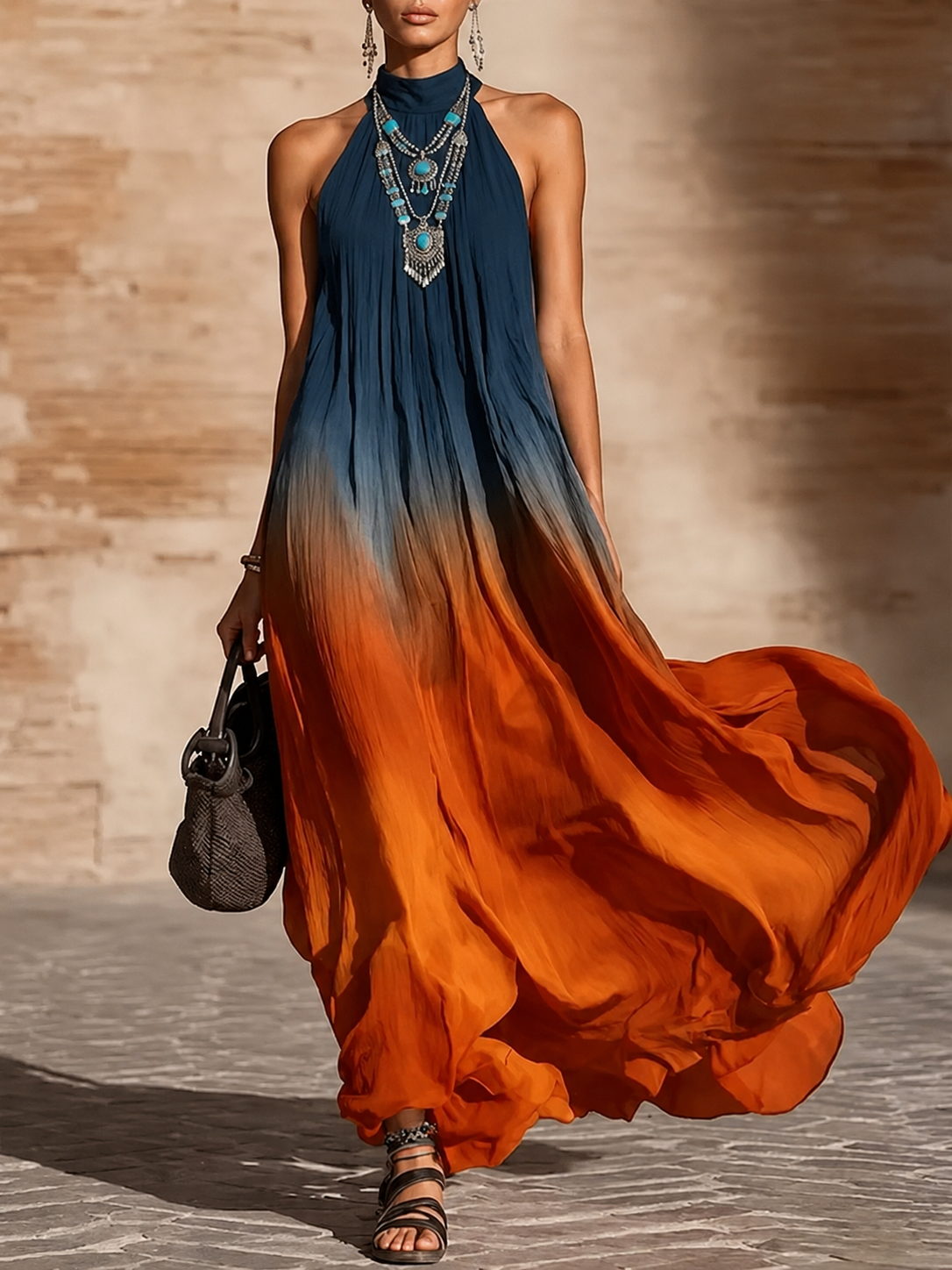 SILVIA | Vestido Largo con Cuello Halter o Escote en V Degradado