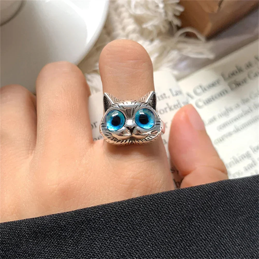 Bague avec chat aux yeux bleus – Bague en argent vintage ludique pour les amoureux des chats