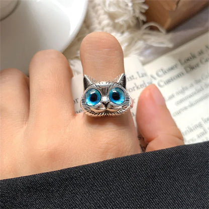 Bague avec chat aux yeux bleus – Bague en argent vintage ludique pour les amoureux des chats