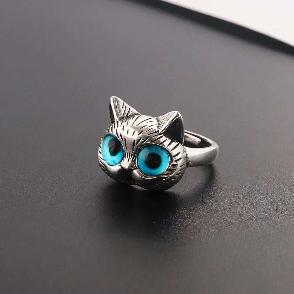 Bague avec chat aux yeux bleus – Bague en argent vintage ludique pour les amoureux des chats