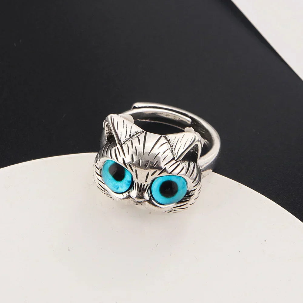 Bague avec chat aux yeux bleus – Bague en argent vintage ludique pour les amoureux des chats