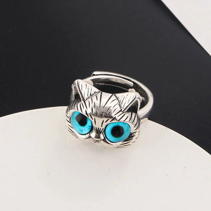 Bague avec chat aux yeux bleus – Bague en argent vintage ludique pour les amoureux des chats