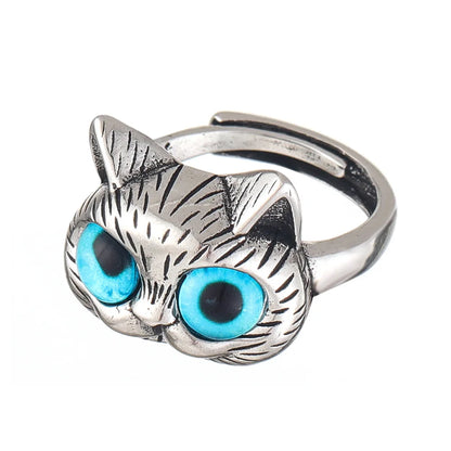 Bague avec chat aux yeux bleus – Bague en argent vintage ludique pour les amoureux des chats
