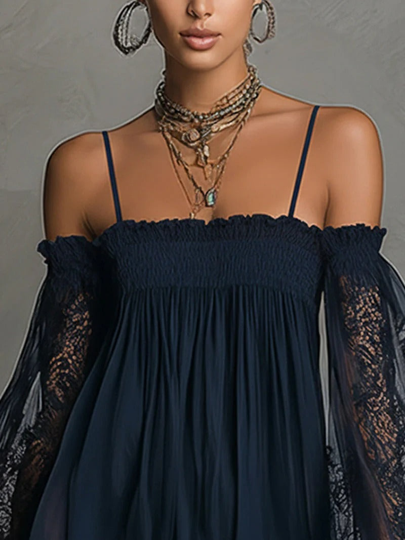 SOFIA | Vestido Mini De Gasa Azul Marino Con Escote Que Deja Los Hombros Al Descubierto, Ribete De Encaje Y Mangas Transparentes