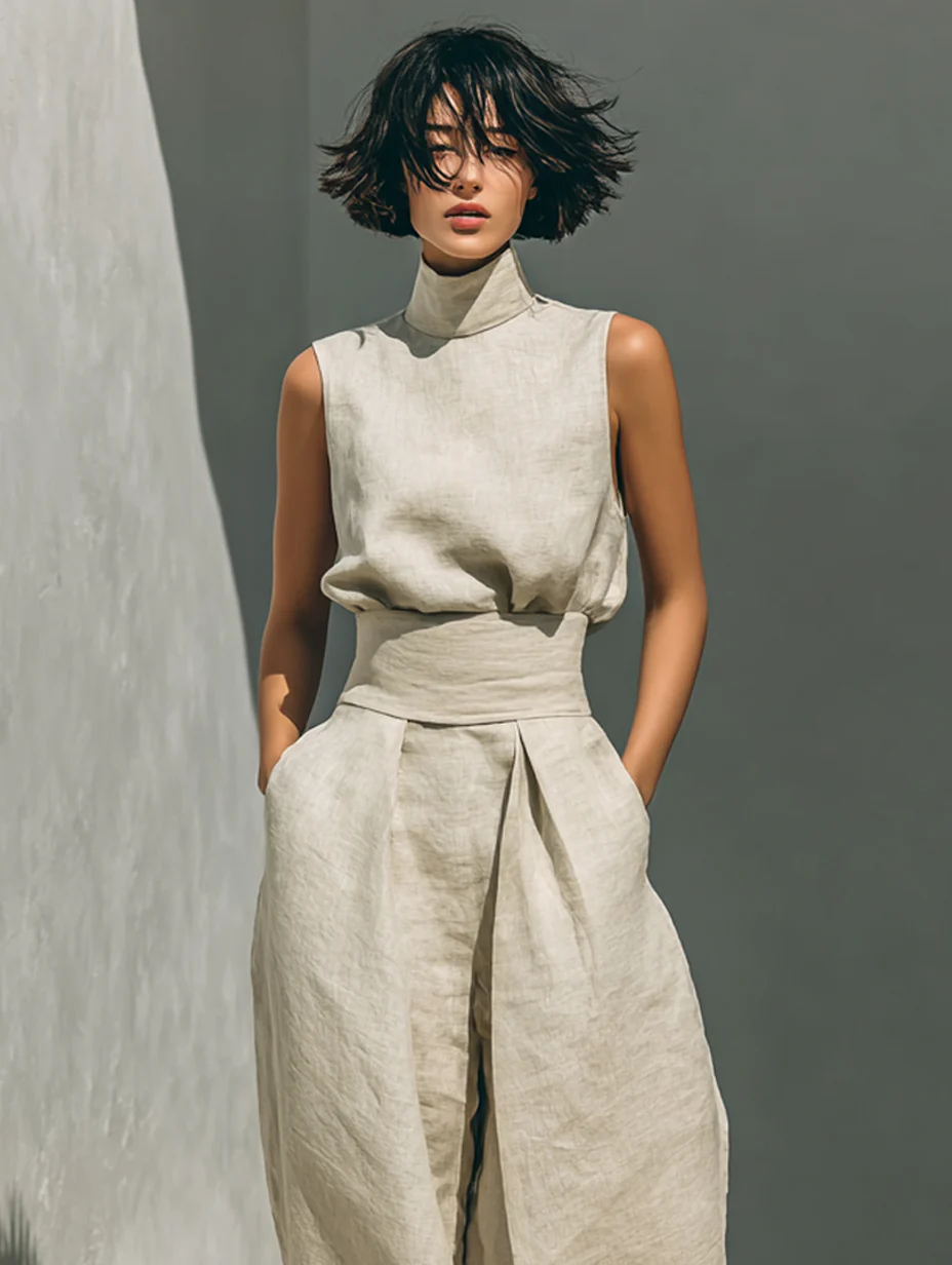 CHLOE | Conjunto de Camiseta sin Mangas y Pantalones Anchos de Algodón y Lino, de Estilo Minimalista, Para Mujer