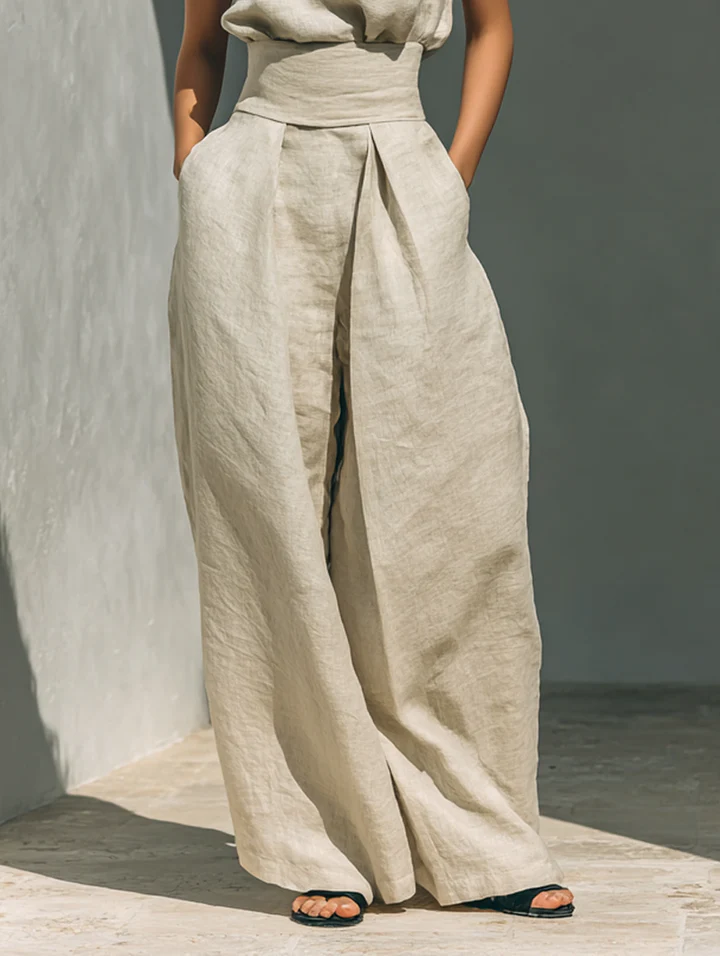 CHLOE | Conjunto de Camiseta sin Mangas y Pantalones Anchos de Algodón y Lino, de Estilo Minimalista, Para Mujer