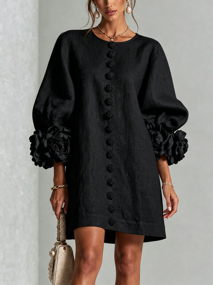 Cecilia | Mini-Robe en Mélange de Lin avec Poignets Roses, Noir