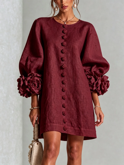 Ilaria | Mini-Robe en Mélange de Lin avec Poignets Roses, Bordeaux