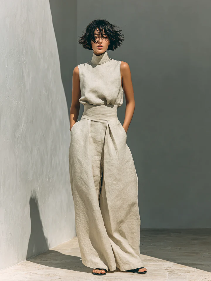 CHLOE | Conjunto de Camiseta sin Mangas y Pantalones Anchos de Algodón y Lino, de Estilo Minimalista, Para Mujer