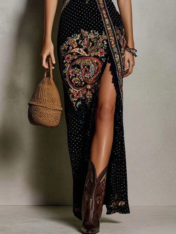 LIORA | Vestido Largo Boho Vintage con Estampado Étnico y Abertura