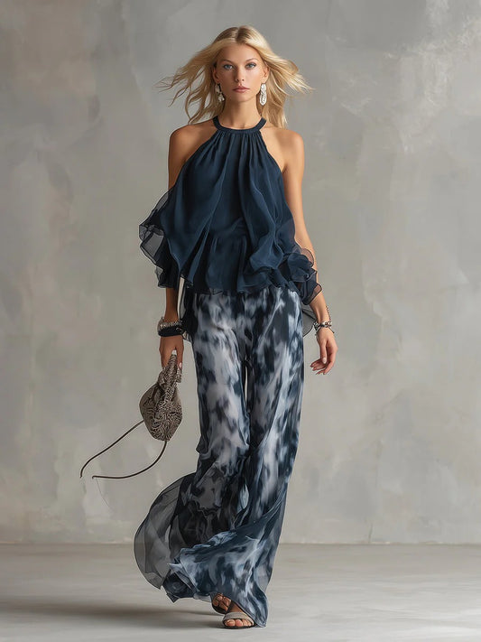 BETI | Un Elegante Conjunto De Gasa Con Top De Cuello Alto y Pantalones Anchos Estampados