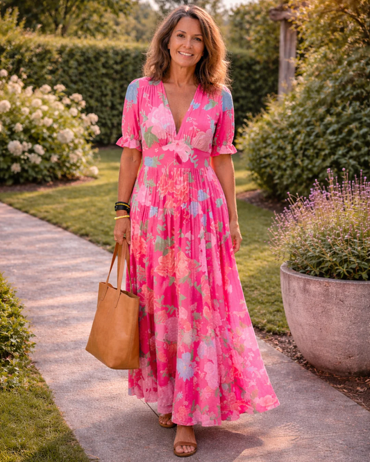 ADRIANA | Vestido midi de flores, sin mangas y con escote en V