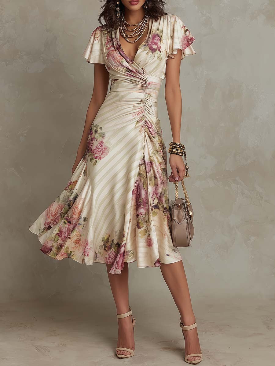 JULIETA | Vestido Midi de Satén Con Estampado Floral, Elegante y de Estilo Retro