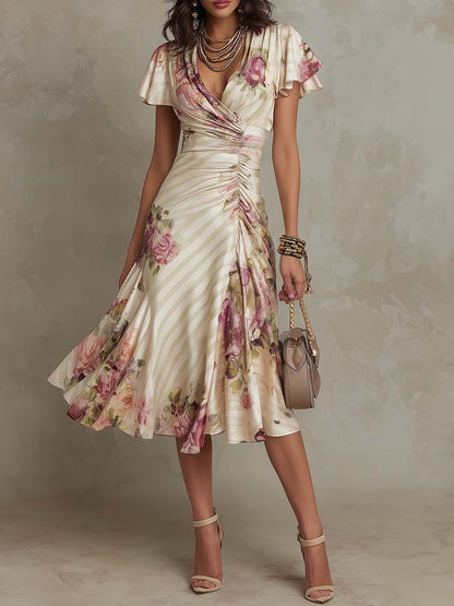 JULIETA | Vestido Midi de Satén Con Estampado Floral, Elegante y de Estilo Retro
