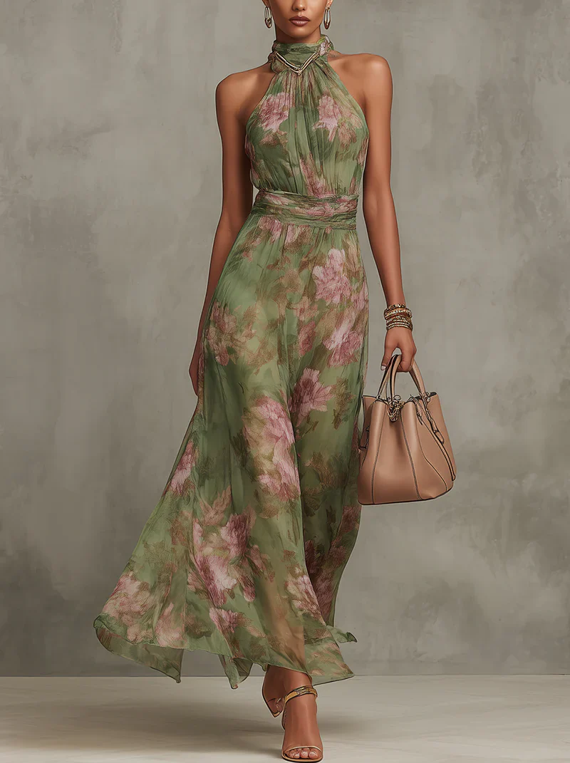 ALMA - Vestido Largo Verde Con Estampado Floral de Gasa y Cuello Halter