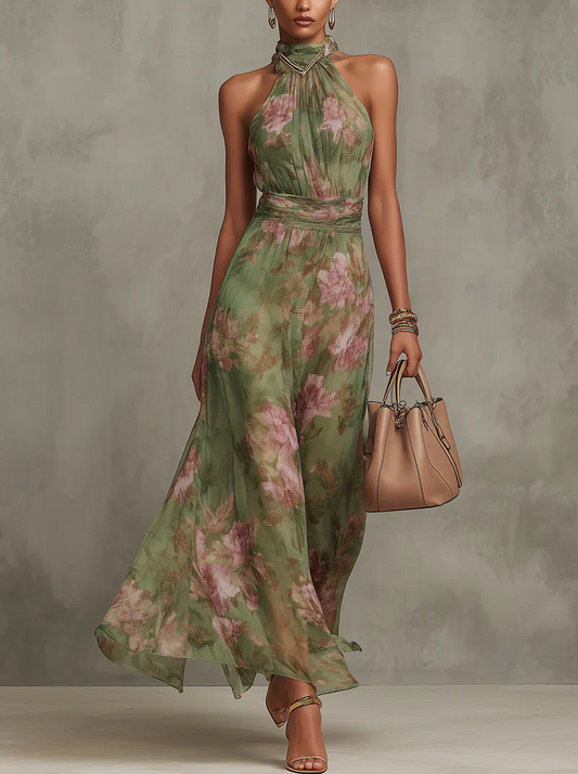 ALMA - Vestido Largo Verde Con Estampado Floral de Gasa y Cuello Halter