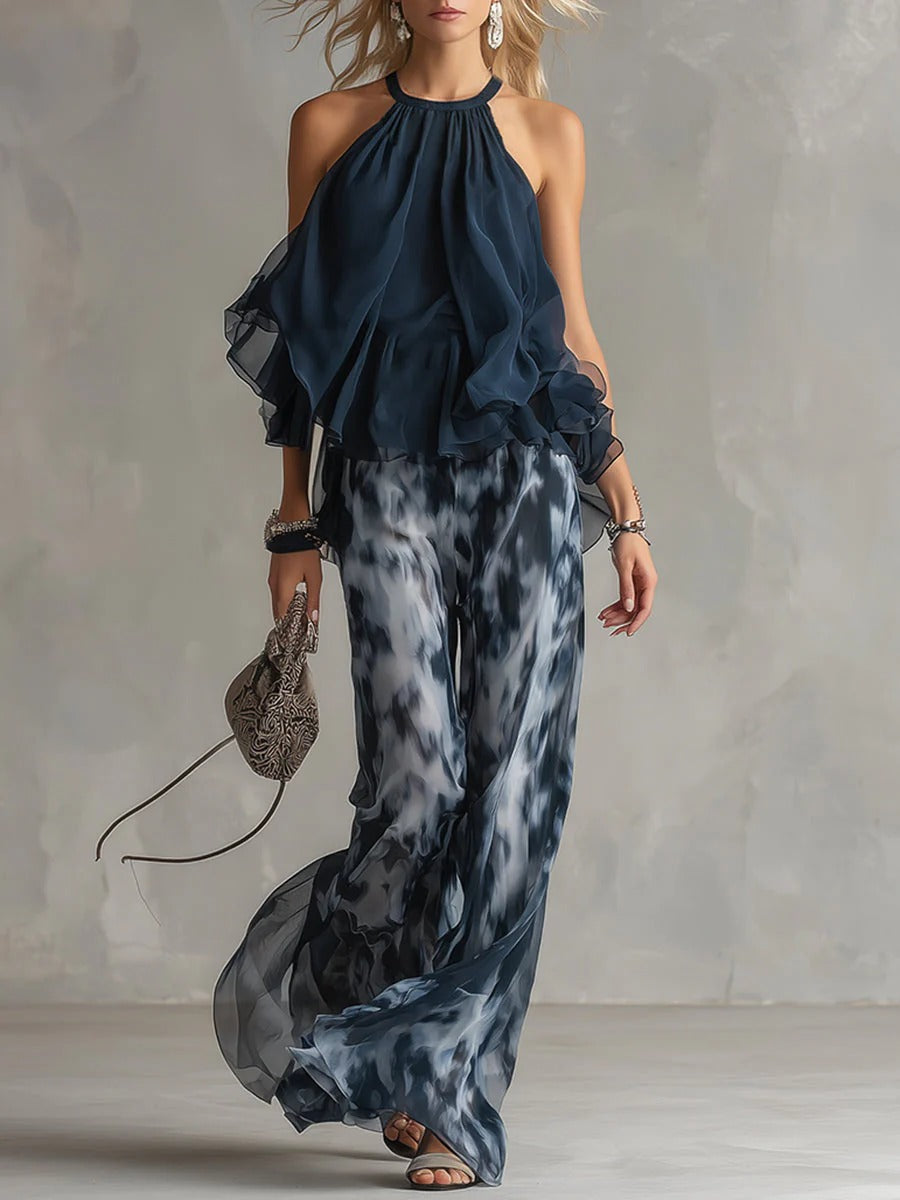 BETI | Un Elegante Conjunto De Gasa Con Top De Cuello Alto y Pantalones Anchos Estampados