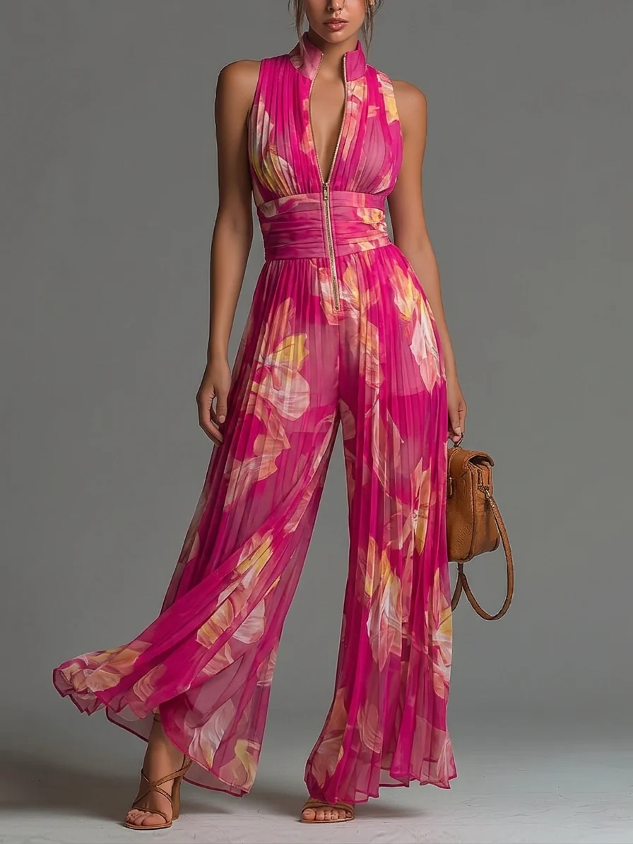 SOFÍA | Mono Plisado Estampado Fucsia