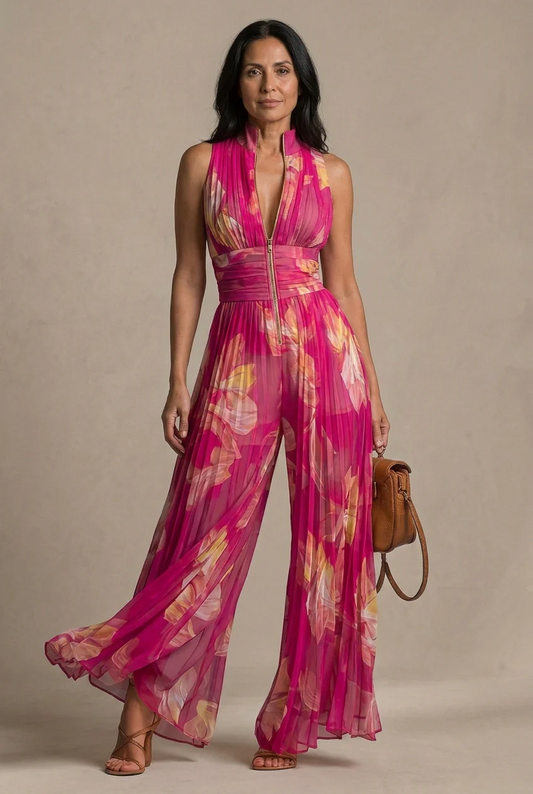 SOFÍA | Mono Plisado Estampado Fucsia