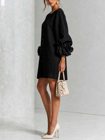 Cecilia | Mini-Robe en Mélange de Lin avec Poignets Roses, Noir