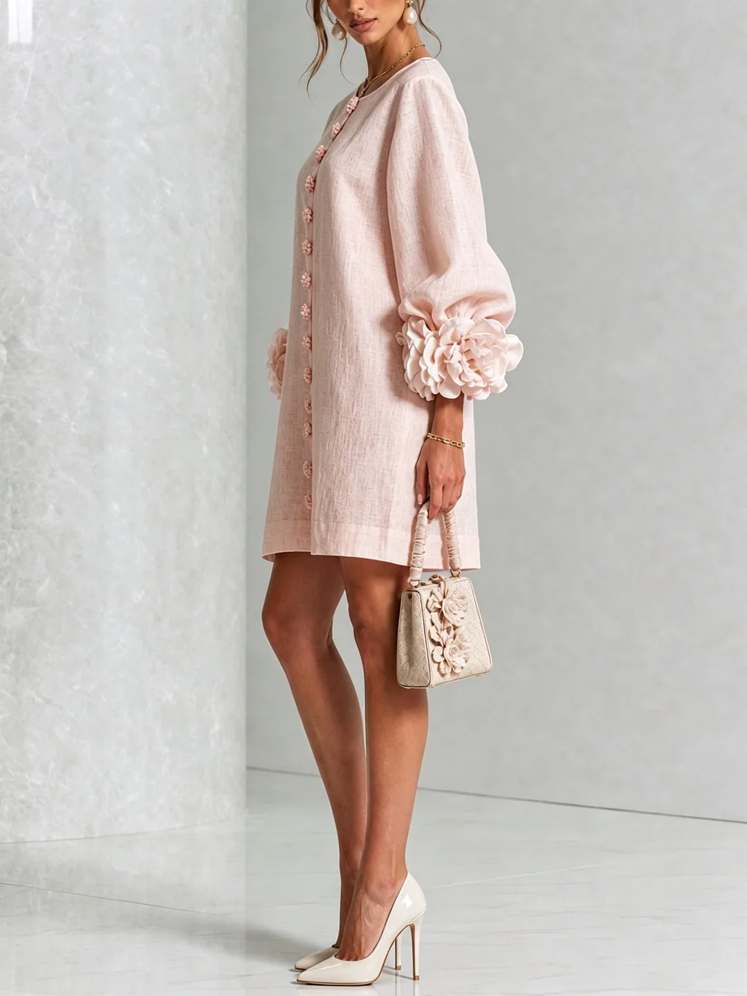 Noemi | Mini-Robe en Mélange de Lin avec Poignets Roses, Rose