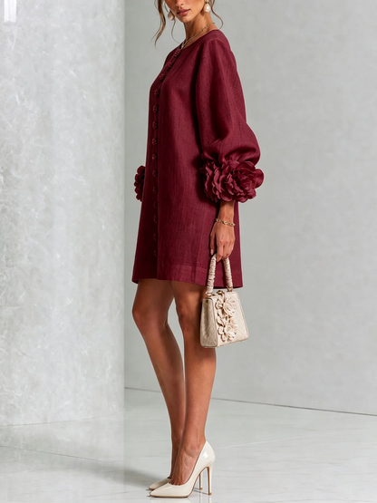 Ilaria | Mini-Robe en Mélange de Lin avec Poignets Roses, Bordeaux