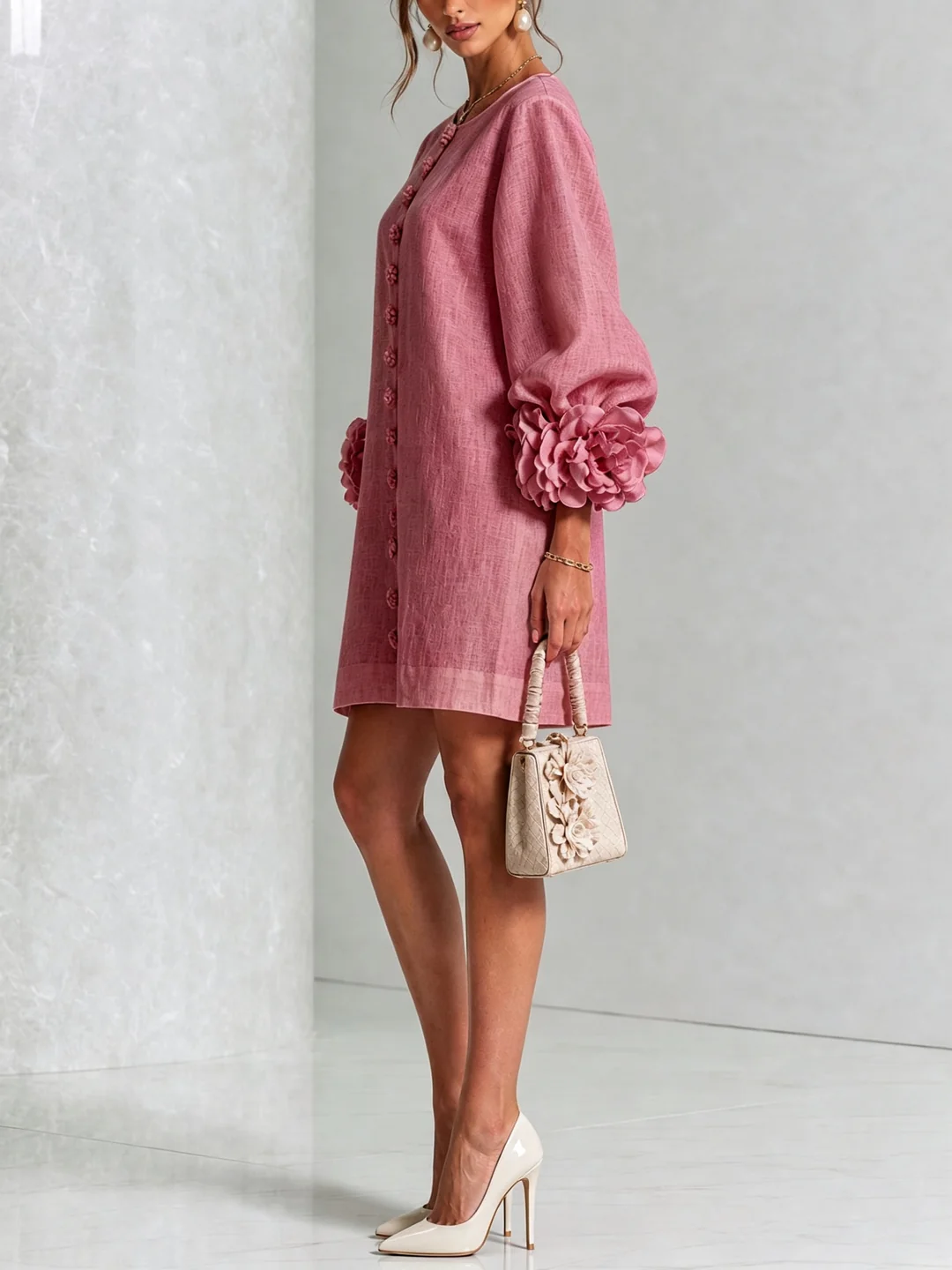 Alba | Mini-Robe en Mélange de Lin avec Poignets Roses, Rosa Antico