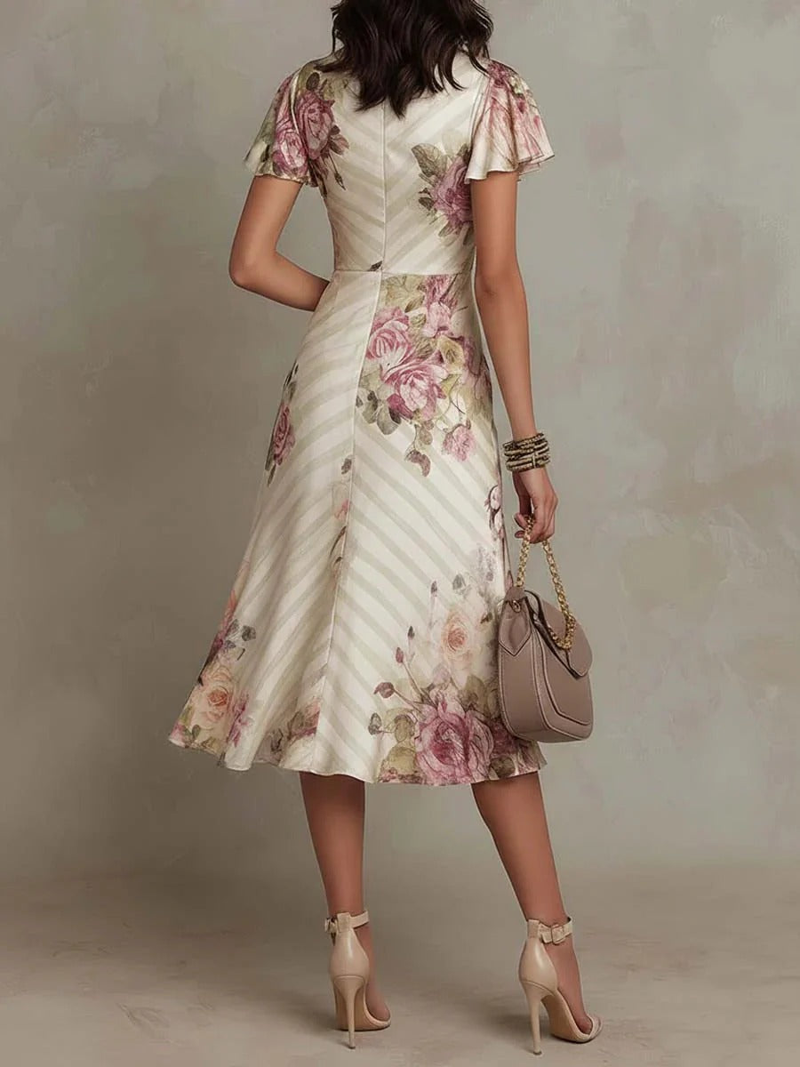 JULIETA | Vestido Midi de Satén Con Estampado Floral, Elegante y de Estilo Retro