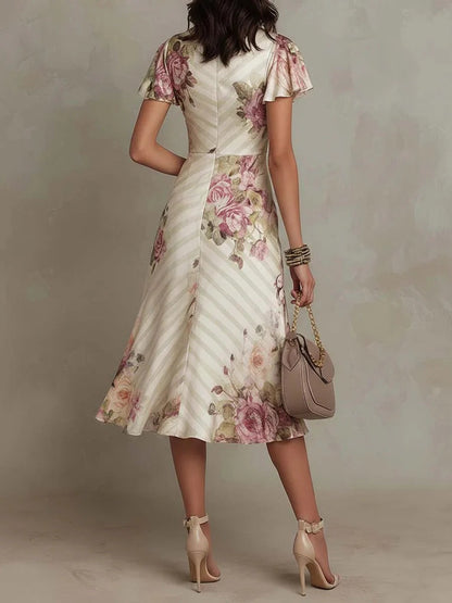 JULIETA | Vestido Midi de Satén Con Estampado Floral, Elegante y de Estilo Retro