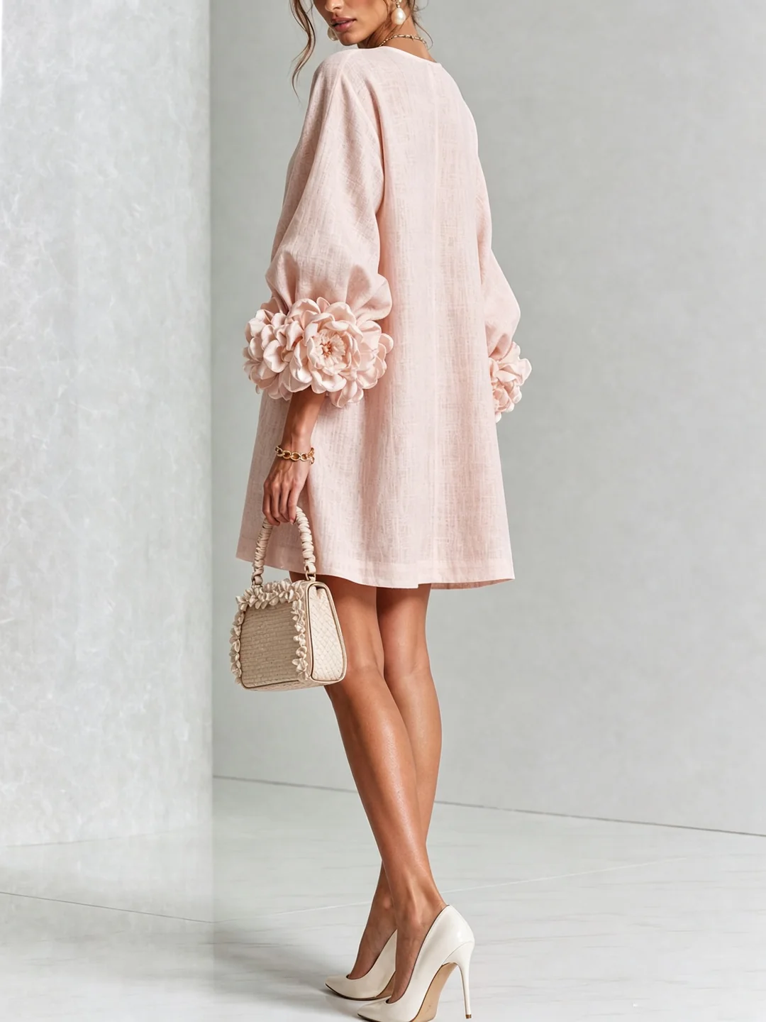 Noemi | Mini-Robe en Mélange de Lin avec Poignets Roses, Rose