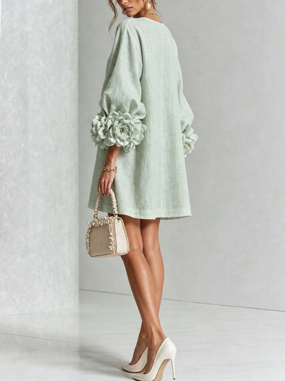 Delia | Mini-Robe en Mélange de Lin avec Poignets Roses, Vert Sauge