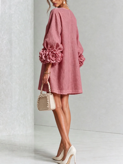 Alba | Mini-Robe en Mélange de Lin avec Poignets Roses, Rosa Antico