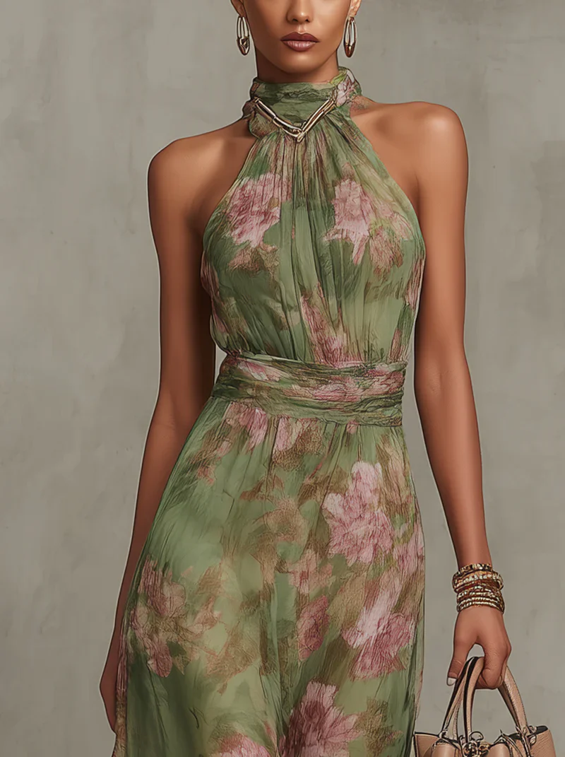 ALMA - Vestido Largo Verde Con Estampado Floral de Gasa y Cuello Halter