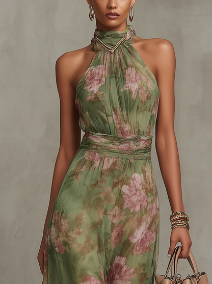 ALMA - Vestido Largo Verde Con Estampado Floral de Gasa y Cuello Halter