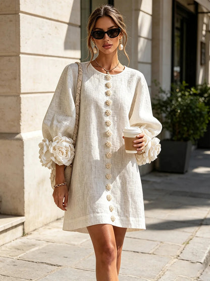 Chiara | Mini-Robe en Mélange de Lin avec Poignets Roses, Blanc