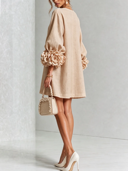 Ambra | Mini-Robe en Mélange de Lin avec Poignets Roses, Beige
