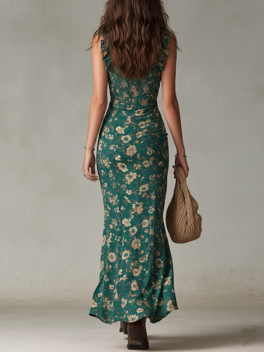 ISABELLA - Vestido Largo de Estilo Boho Retro con Mangas Fruncidas y Abertura Alta