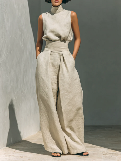 CHLOE | Conjunto de Camiseta sin Mangas y Pantalones Anchos de Algodón y Lino, de Estilo Minimalista, Para Mujer