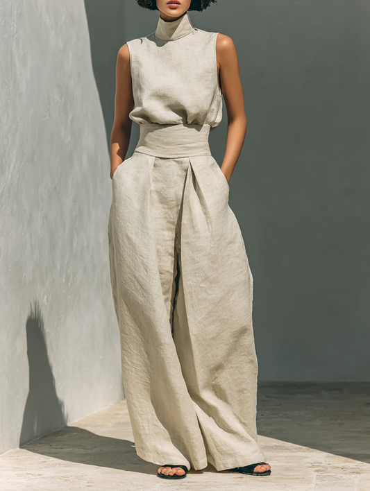 CHLOE | Conjunto de Camiseta sin Mangas y Pantalones Anchos de Algodón y Lino, de Estilo Minimalista, Para Mujer