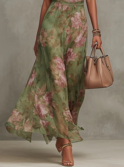 ALMA - Vestido Largo Verde Con Estampado Floral de Gasa y Cuello Halter