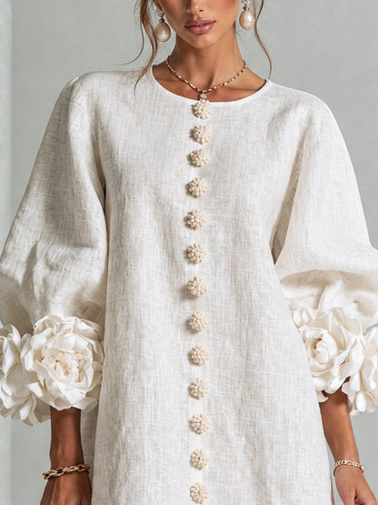 Chiara | Mini-Robe en Mélange de Lin avec Poignets Roses, Blanc