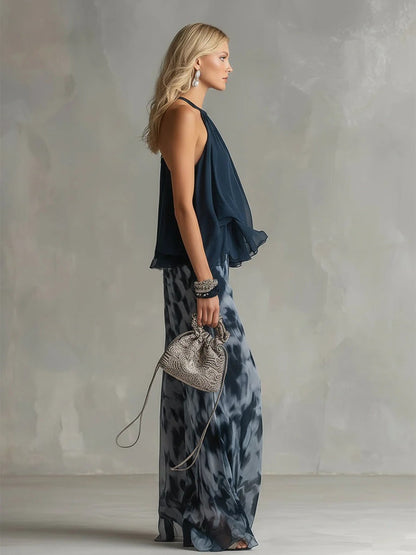 BETI | Un Elegante Conjunto De Gasa Con Top De Cuello Alto y Pantalones Anchos Estampados