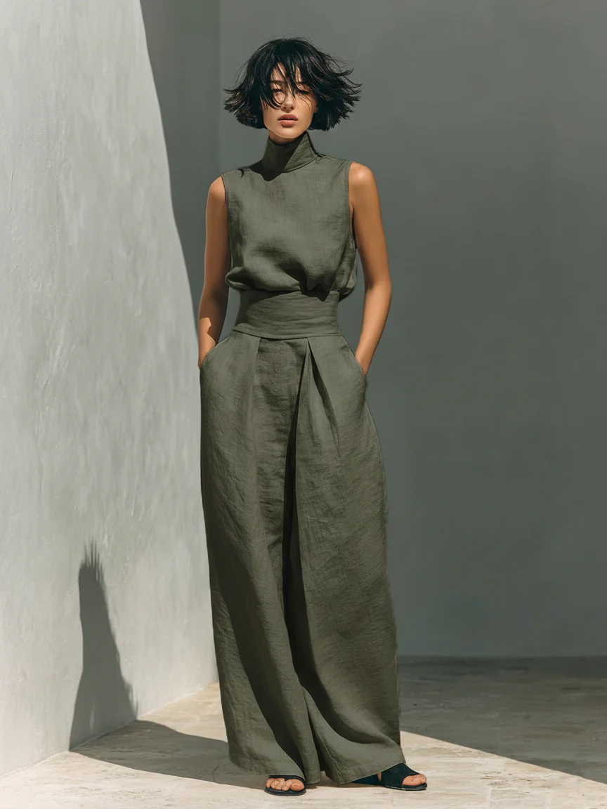CHLOE | Conjunto de Camiseta sin Mangas y Pantalones Anchos de Algodón y Lino, de Estilo Minimalista, Para Mujer