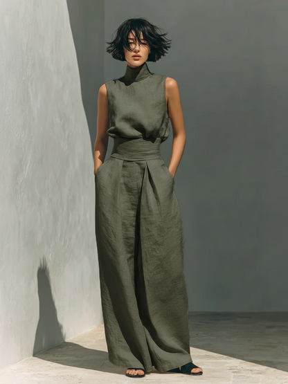 CHLOE | Conjunto de Camiseta sin Mangas y Pantalones Anchos de Algodón y Lino, de Estilo Minimalista, Para Mujer