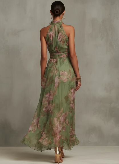 ALMA - Vestido Largo Verde Con Estampado Floral de Gasa y Cuello Halter